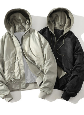 「设计师品牌」春秋美式棒球服假两件飞行员夹克休闲外套连帽