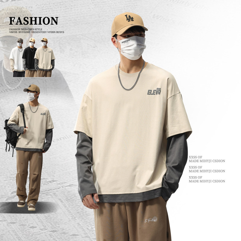 「设计师品牌」长袖t恤男春秋美式高街潮牌圆领宽松假两件卫衣