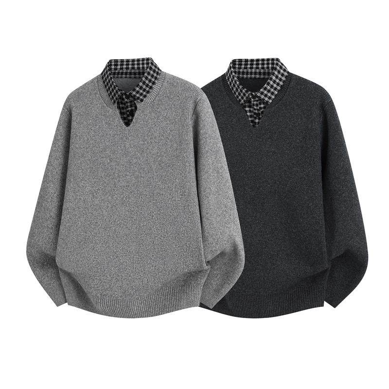 「设计师品牌」男秋冬纯色圆领针织衫假两件衬衫领加绒加厚毛衣