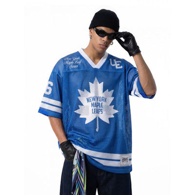 「设计师品牌」枫叶印花网眼球衣T恤春夏美式街头v领运动短袖