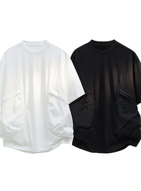 「设计师品牌」夏季拼接口袋短袖T恤男女同款宽松美式oversize