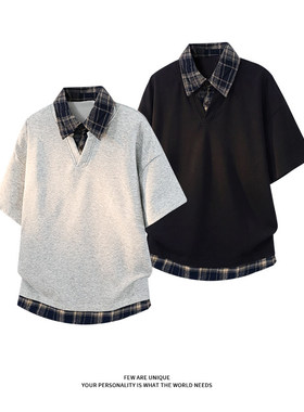 「设计师品牌」假两件短袖polo衫男夏季拼接翻领休闲半袖T恤潮