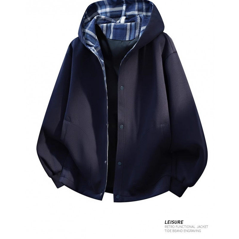 「设计师品牌」日系复古纯色格纹开衫卫衣男女休闲宽松连帽外套男