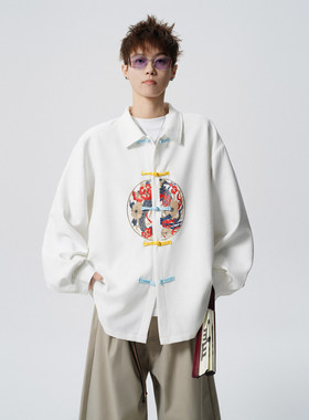 「设计师品牌」新中式长袖国风印花衬衫大码设计感衬衣外套衬衣