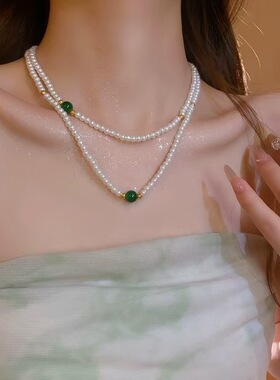 施家珍珠气质时尚天然石项链新中式国潮小众设计感锁骨链新款项饰