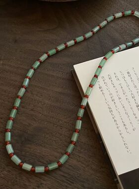 韩国复古绿东陵红玛瑙显瘦天然石锁骨链气质小众东方韵味串珠项链