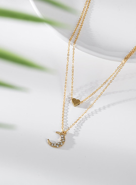 韩式镶钻月亮铜材质爱心桃心吊坠项链时尚锁骨链夏季新品