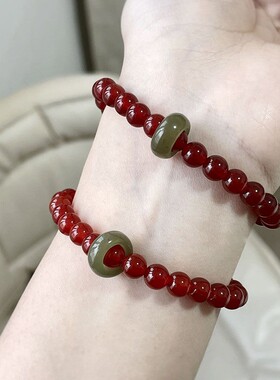 「琼脂」新中式国风复古红跑环红绿撞色圆珠手串2026年新款手链女