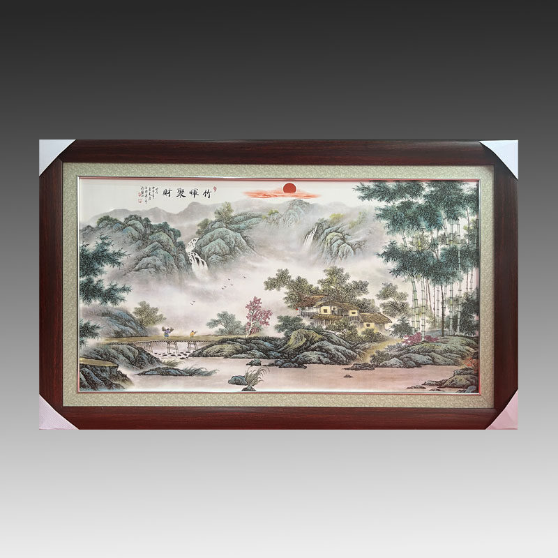 中式陶瓷手绘瓷板画现代中式客厅装饰画流水生财挂画挂屏
