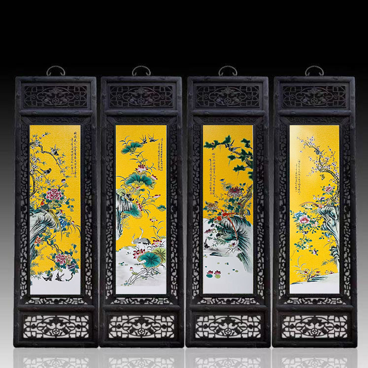 手绘陶瓷板画四条屏挂画中式仿古客厅装饰画镂空实木框壁画,家居饰品,现代装饰画,淘宝优惠券,粉丝福利购,淘宝优惠卷