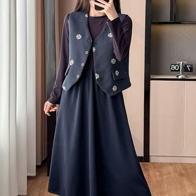 盐系气质减龄初恋感高腰连衣裙套装女2025秋季新款刺绣马甲两件套