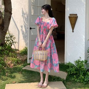 彩色花朵一字肩方领灯笼袖 夏季 度假风宽松连衣裙甜美