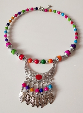 民族风复古苗银项链夸张头饰彩珠