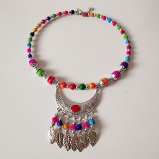 凤凰古城民族风复古藏苗银项链 彩珠夸张叶子女式串珠项链 头饰