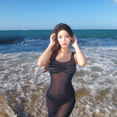 辣妹深蓝色透视沙滩网纱长裙泳衣