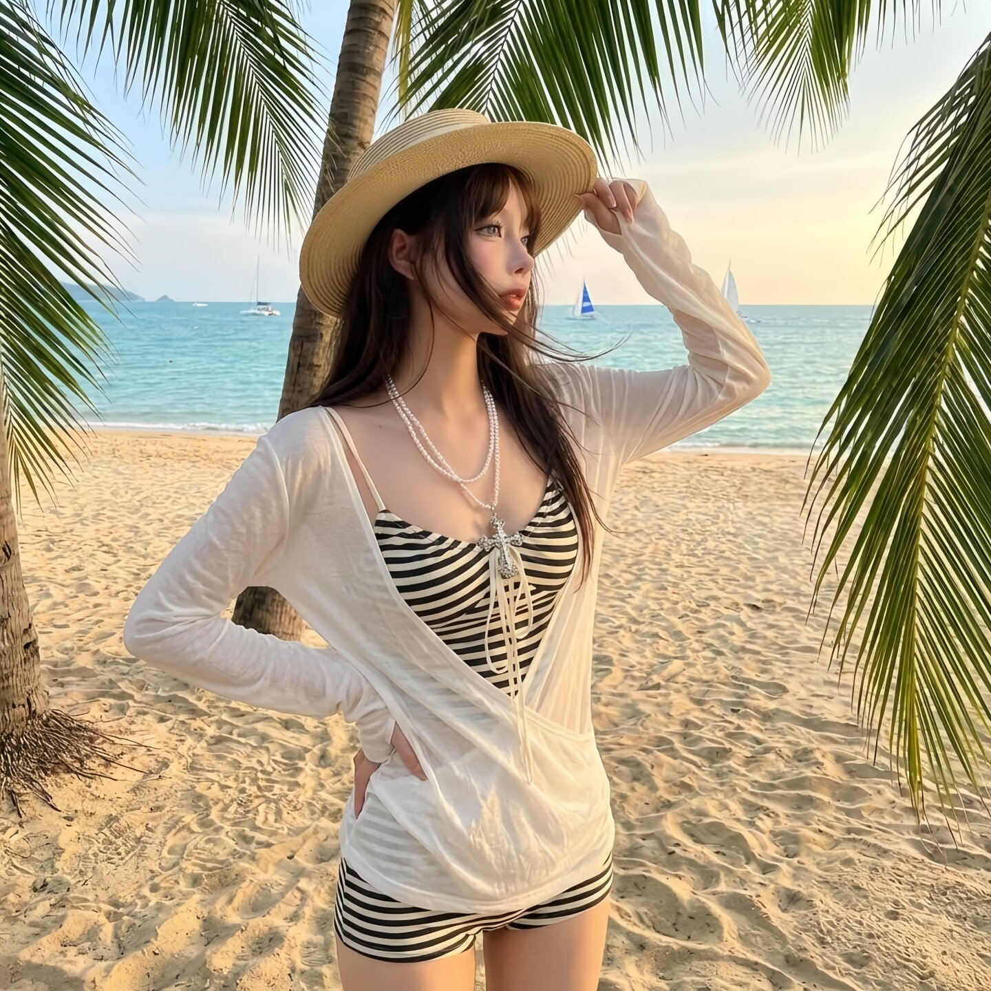 条纹分体平角防晒比基尼泳衣三件