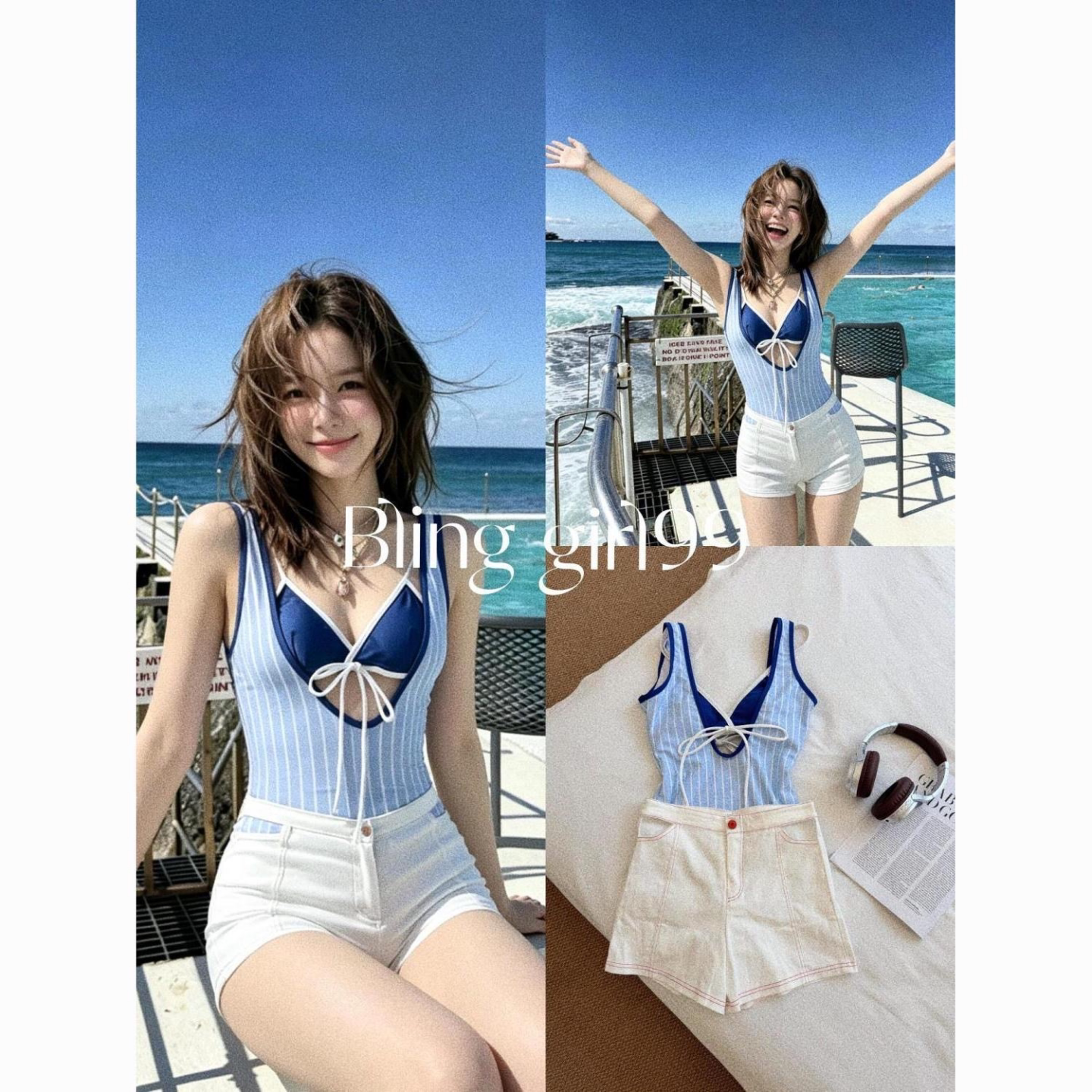 蓝色条纹平角比基尼三件套泳衣女图片