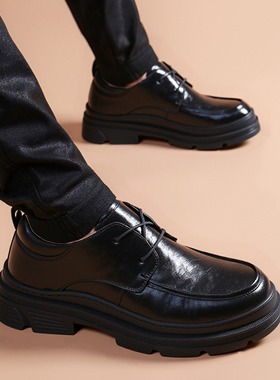 潮流休闲鞋手抓纹格子韩版英伦商务前系带休闲皮鞋男士黑色