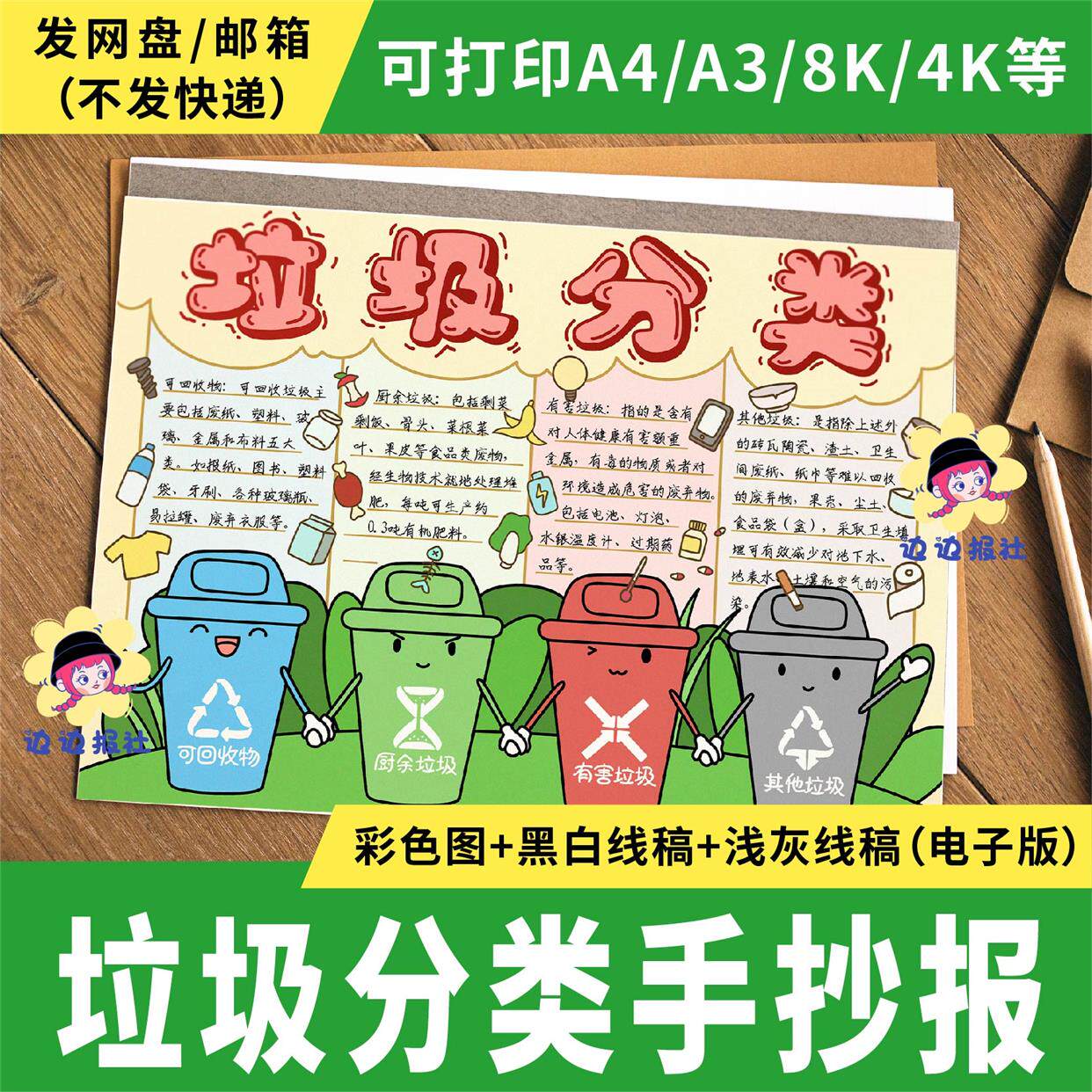 保护环境绿色垃圾分类手抄报电子模板 小学生环保文明城市儿童画