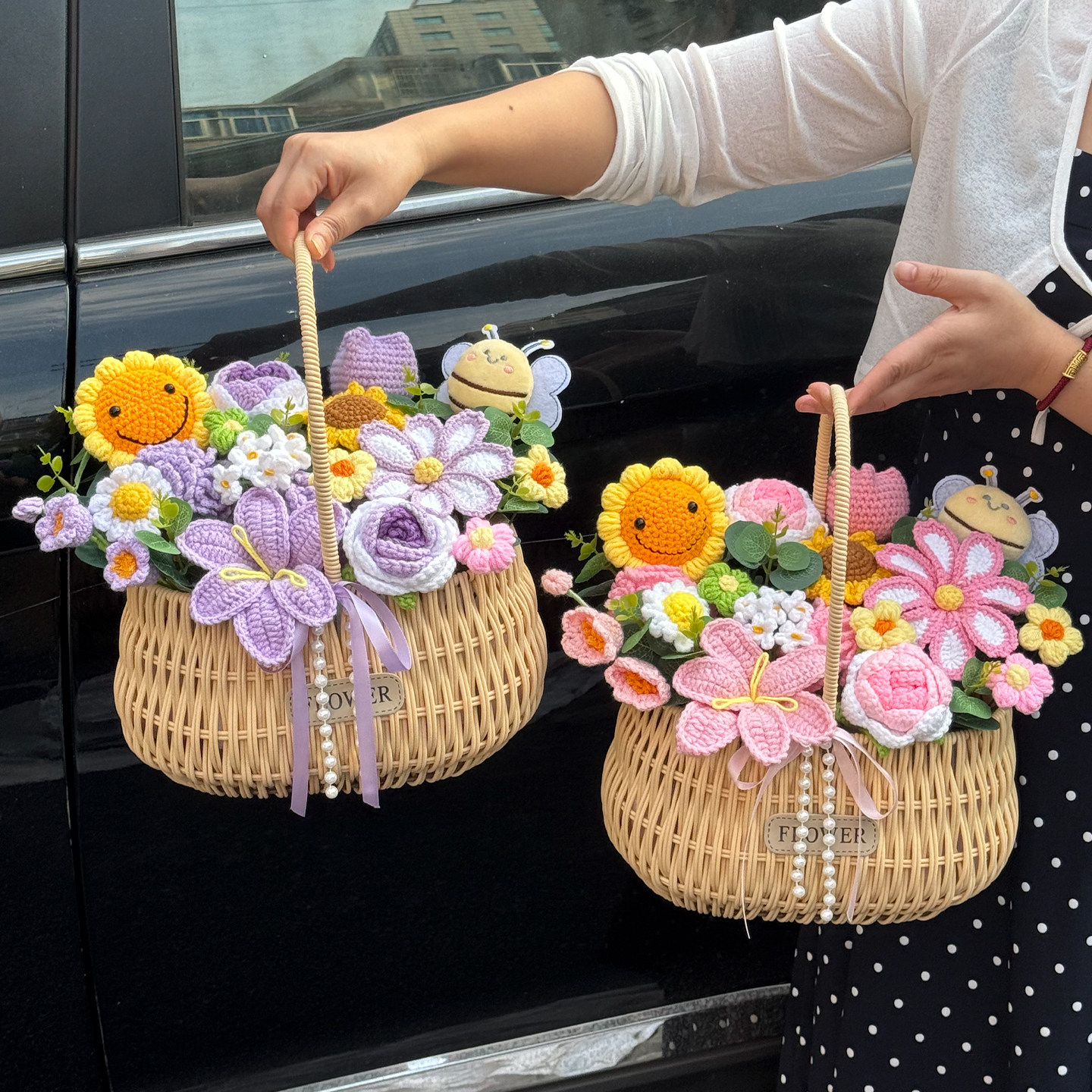 成品毛线花玫瑰向日葵田园花篮手工编织仿真花送闺蜜女友惊喜生日