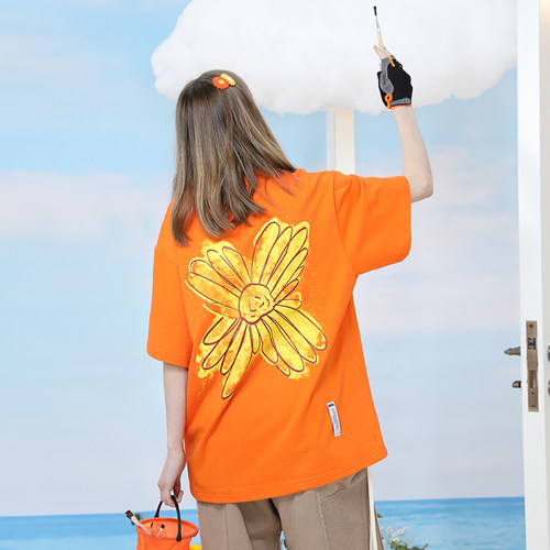 雏菊橘色刷漆涂鸦短袖花卉T恤男