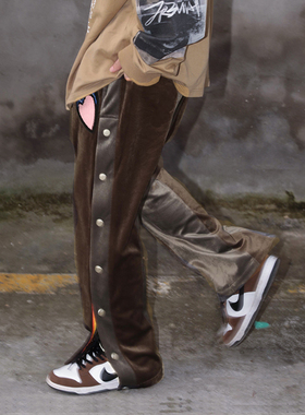 SKRM & TREMINAL 丝绒拼接侧排扣裤爱心刺绣彩虹裤宽松直筒长裤男