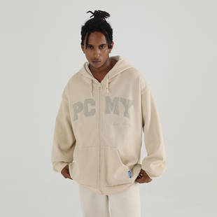 PCMY字母刺绣开衫拉链连帽卫衣男女情侣休闲宽松加绒口袋帽衫外套