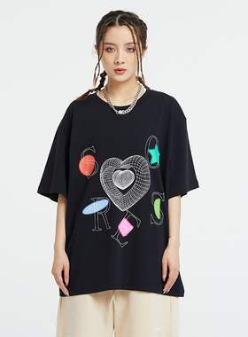 SOSER线条五彩3D爱心短袖男女情侣潮牌宽松休闲圆领纯棉打底衫T恤