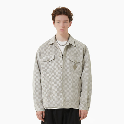 TGNS双色棋盘格刺绣翻领衬衫夹克