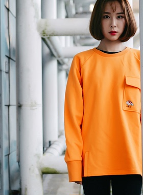 SKRM & KEYNOTE HHWZ 橘色锦鲤口袋卫衣情侣宽松下摆分叉抓绒长袖
