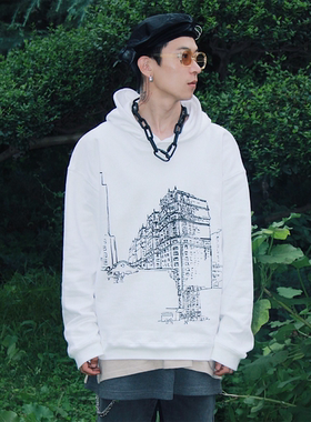 SKRM联名SOSER 素描建筑物连帽卫衣男女情侣宽松复古手绘帽衫外套