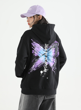 PCMY蝴蝶刷漆连帽卫衣男女情侣宽松休闲薄绒套头涂鸦日系帽衫外套