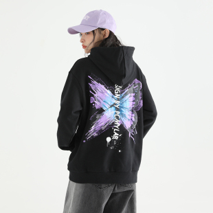 PCMY蝴蝶刷漆连帽卫衣男女情侣宽松休闲薄绒套头涂鸦日系帽衫外套