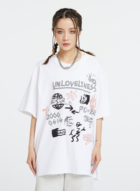 SOSER手绘涂鸦印花短袖男女情侣潮牌宽松休闲纯棉打底衫半袖T恤夏