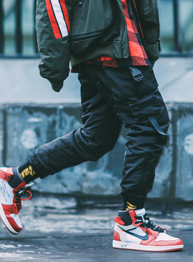 FLAM机能多口袋夹棉工装裤宽松冬季织带加厚保暖休闲运动束脚裤男