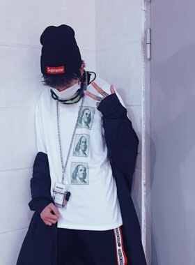 SKRM & BLACKTIPH复古美金人物主题长袖薄款圆领宽松情侣打底衫男