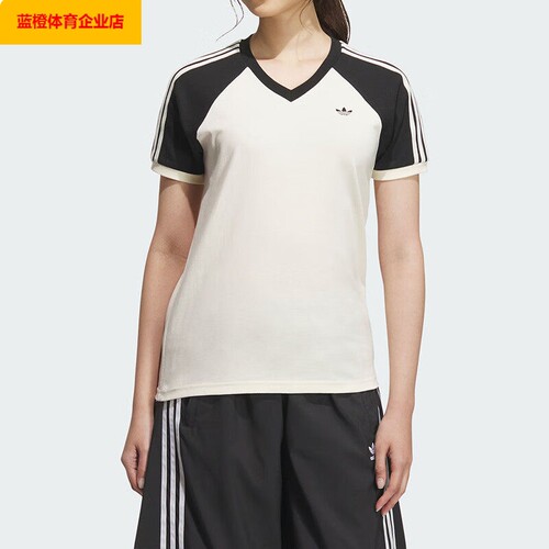 阿迪达斯三叶草2026新款女子V领撞色时尚运动休闲短袖T恤KF0316