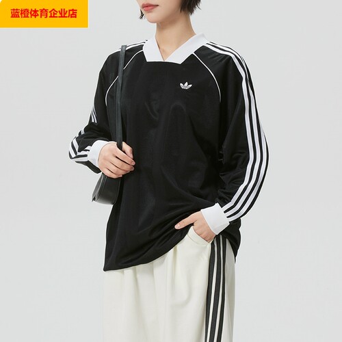 阿迪达斯三叶草黑色长袖T恤女装2026春季新款打底衫运动服KD2897