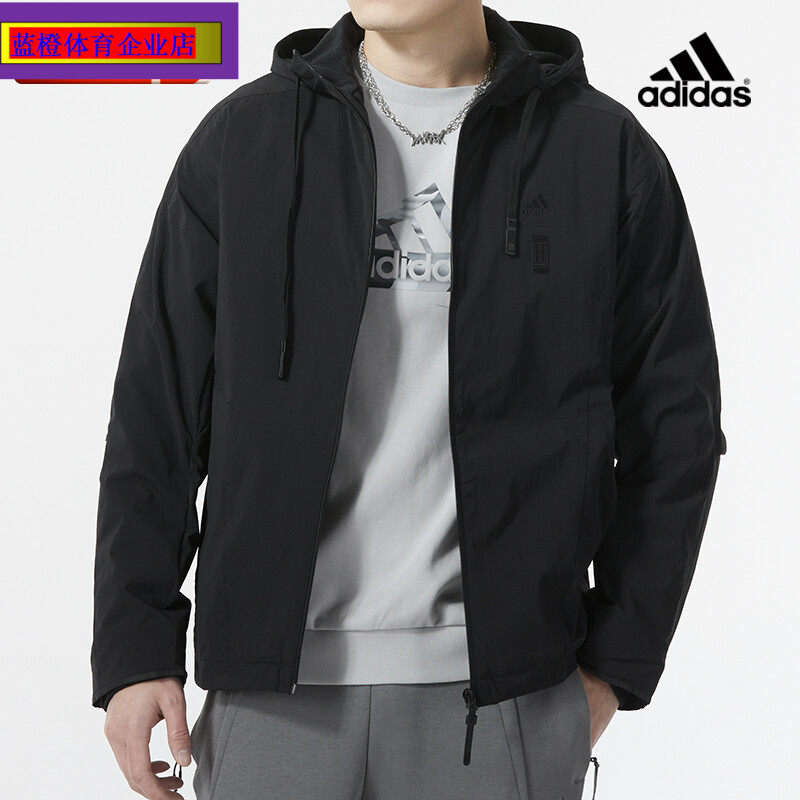 阿迪达斯连帽梭织夹克男2024春季新款运动服黑色休闲外套IX4287