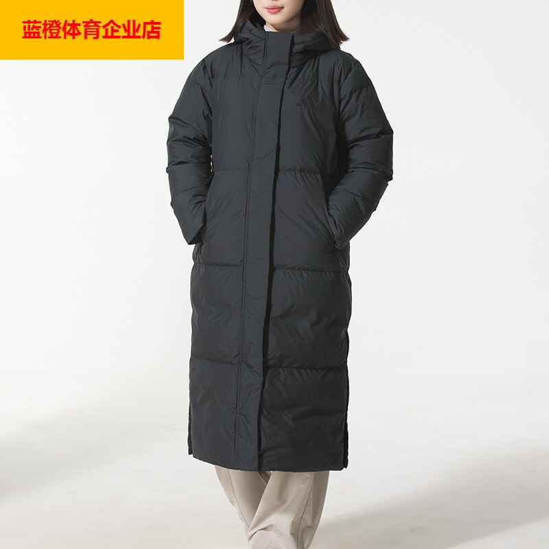阿迪达斯长款侧开叉夹克外套冬女鸭绒拒水连帽羽绒服JV6197