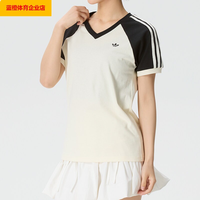 阿迪达斯三叶草V领半截袖夏女三条纹复古短袖T恤衫KF0316