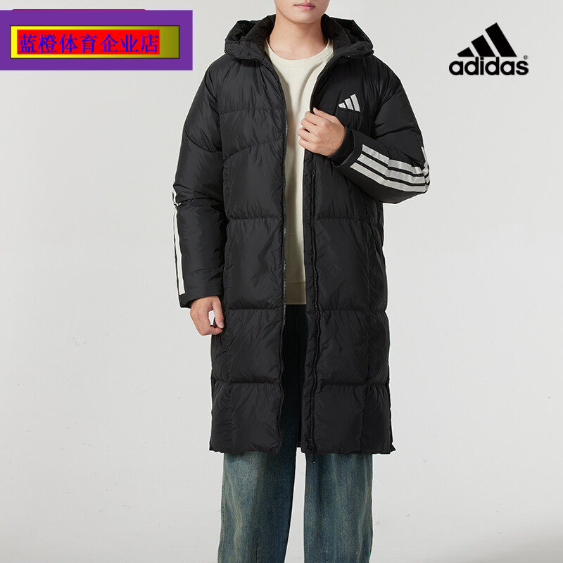 阿迪达斯羽绒服男子2024秋季新款长款运动服三条纹过膝夹克JG3840