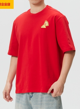 阿迪达斯红色宽松短袖男女装新年款休闲半袖圆领T恤运动服KR3078