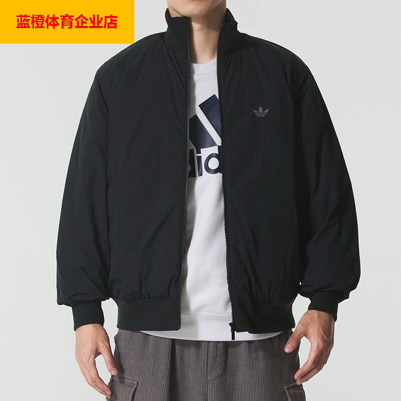 阿迪达斯三叶草黑色立领棉服男装冬季新款保暖棉衣夹克外套JX7783