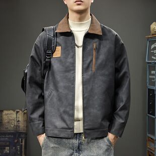 2025新款秋季潮牌宽松款皮衣男美式复古撞色翻领机车pu皮夹克外套