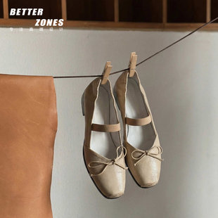 女浅口单鞋 Better 复古低跟一字带蝴蝶结芭蕾鞋 26s新款 蜡感牛皮