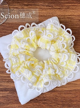 韩系少女蓝色条纹蕾丝大肠发圈双层女丸子头发箍发卡复古头绳头饰