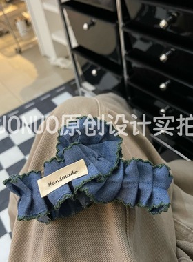 撞色蓝色法式高级感小众设计大肠发圈气质复古发绳丸子头发饰新