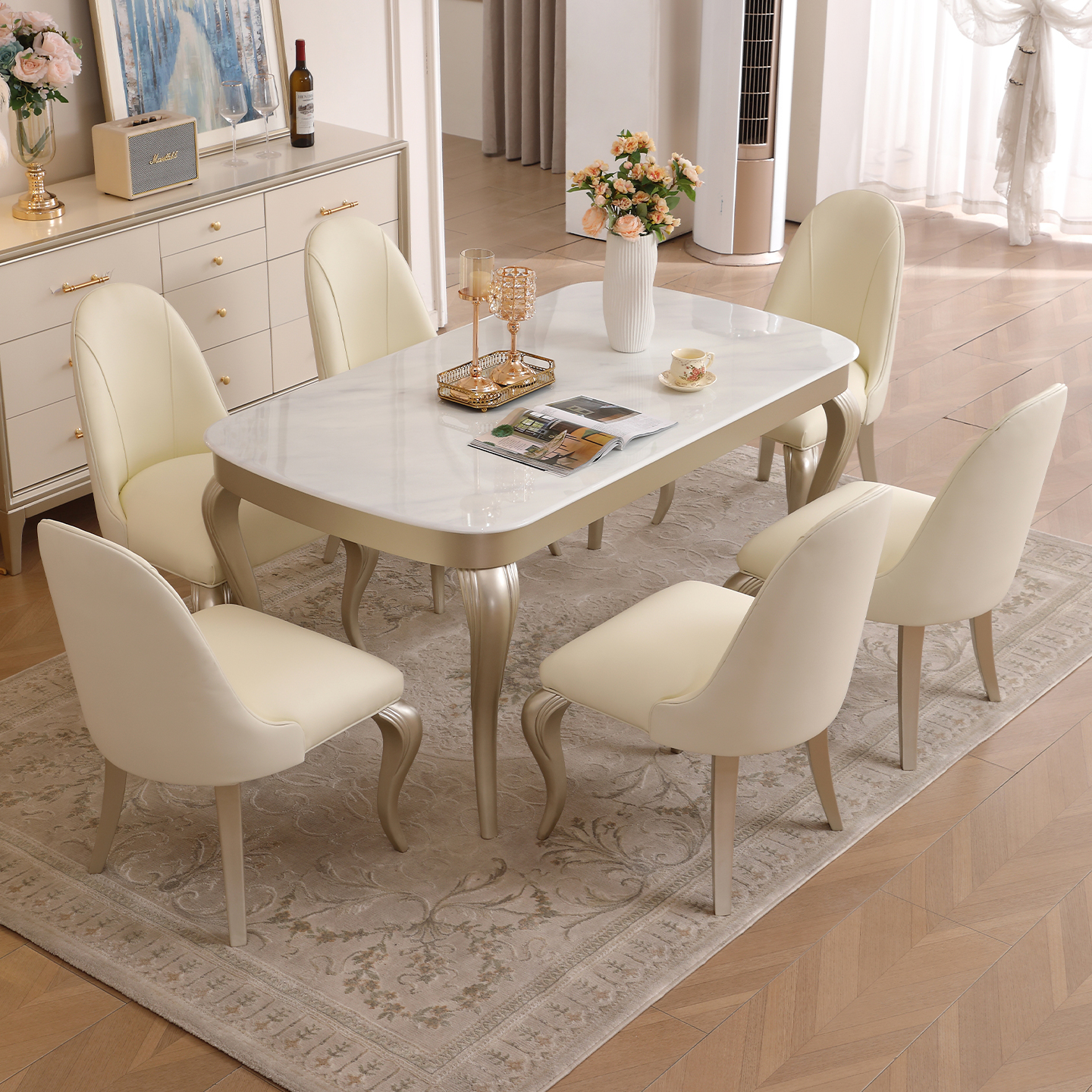 美式轻奢岩板餐桌椅组合现代简约长方形高端豪华法式实木吃饭桌子