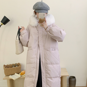 羽绒服女中长款24年冬季新款韩版时尚宽松连帽大毛领白鸭绒外套